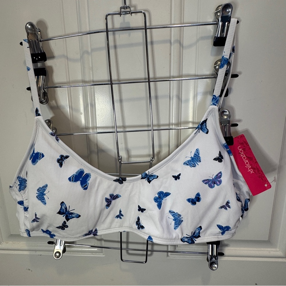 NWT Xhilaration White and Blue Butterfly Bikini Top Size XL